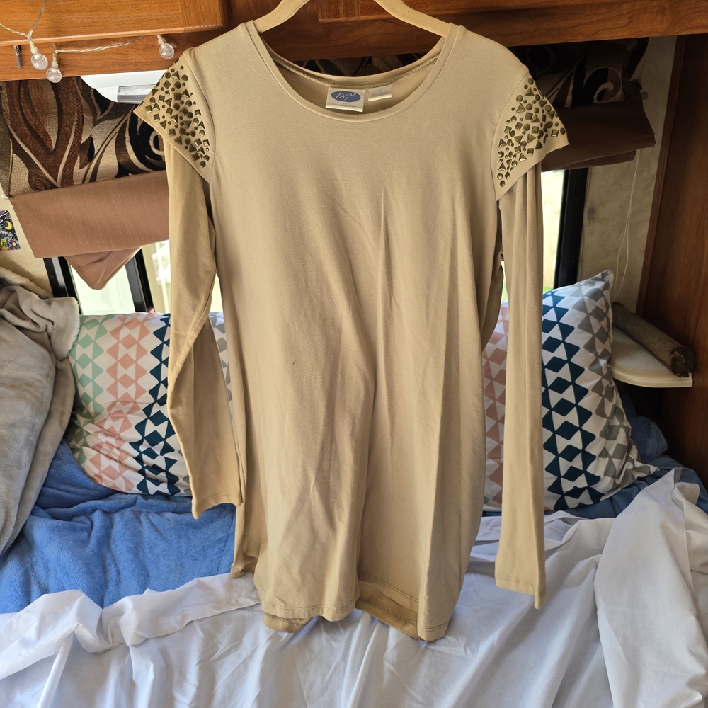 Diane Gilman Beige Long Sleeve Top with Studded Shoulders
